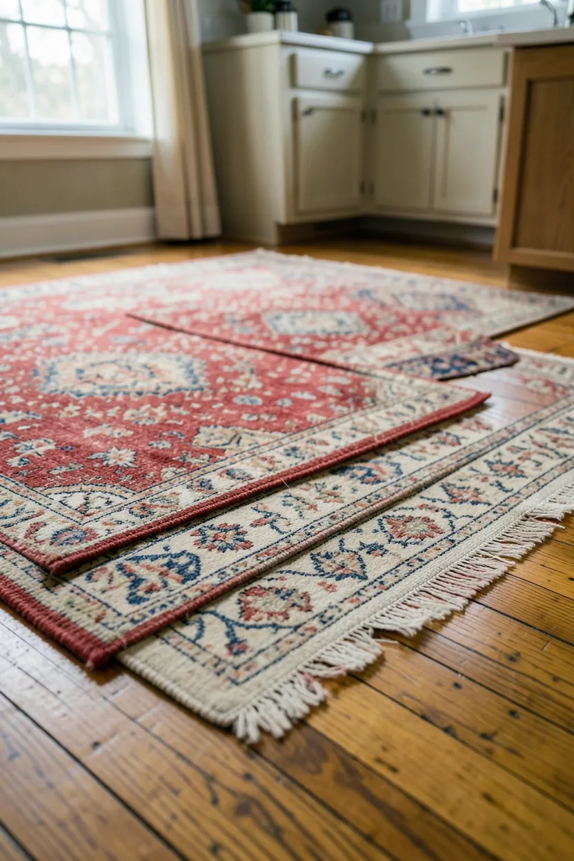 Worn vintage rug with muted red and cream tones layered over hardwood floors in a cozy farmhouse kitchen