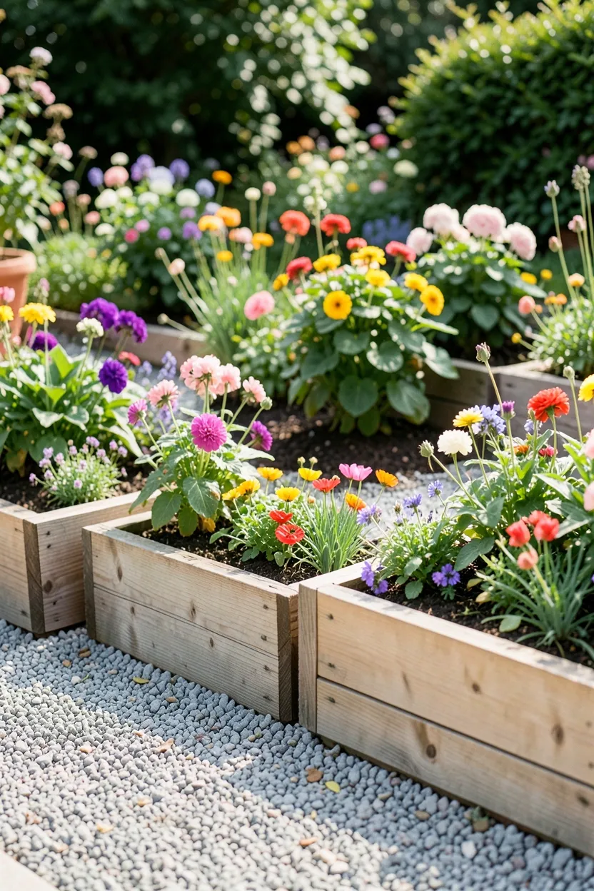 Pea Gravel Patio with Raised Planters