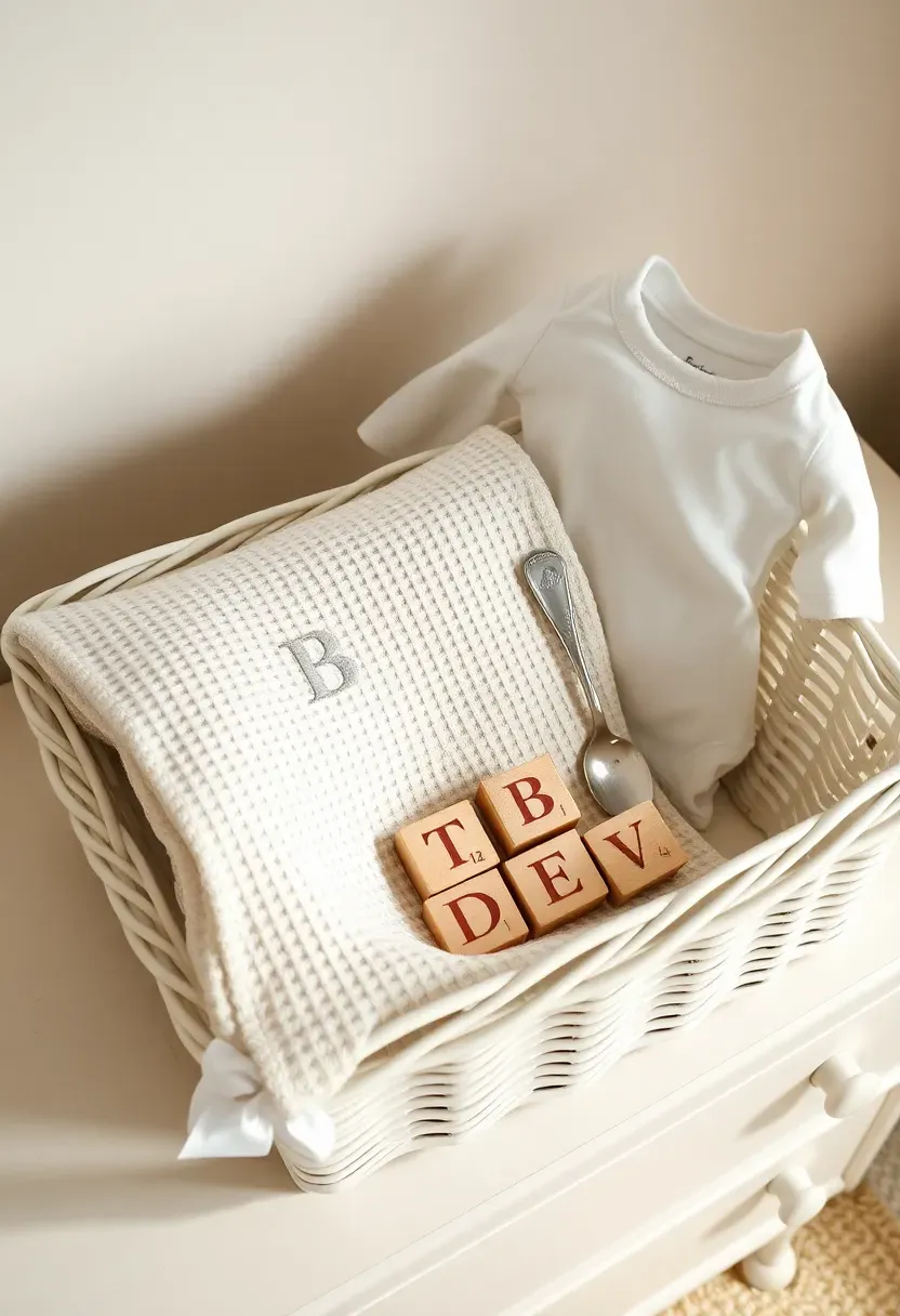 monogrammed personalized baby basket with embroidered blanket custom name wooden block set and engraved silver rattle in an elegant white basket