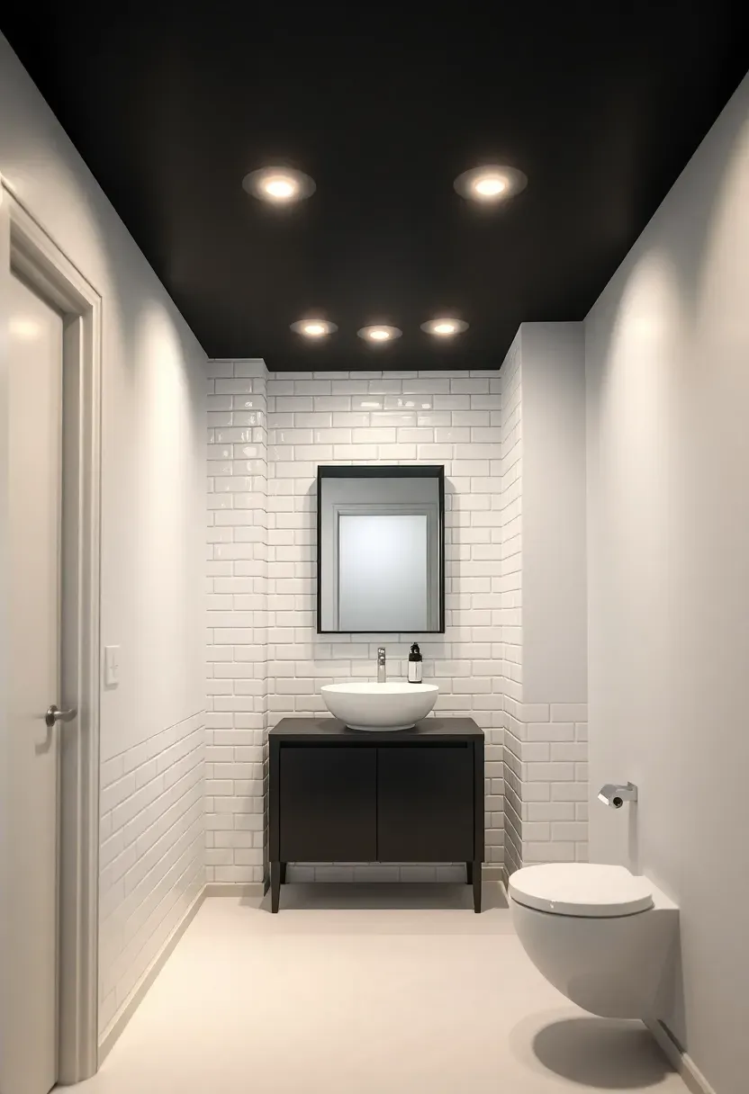 Black painted ceiling in a rental bathroom with recessed warm LED downlights creating a dramatic, cocooning atmosphere