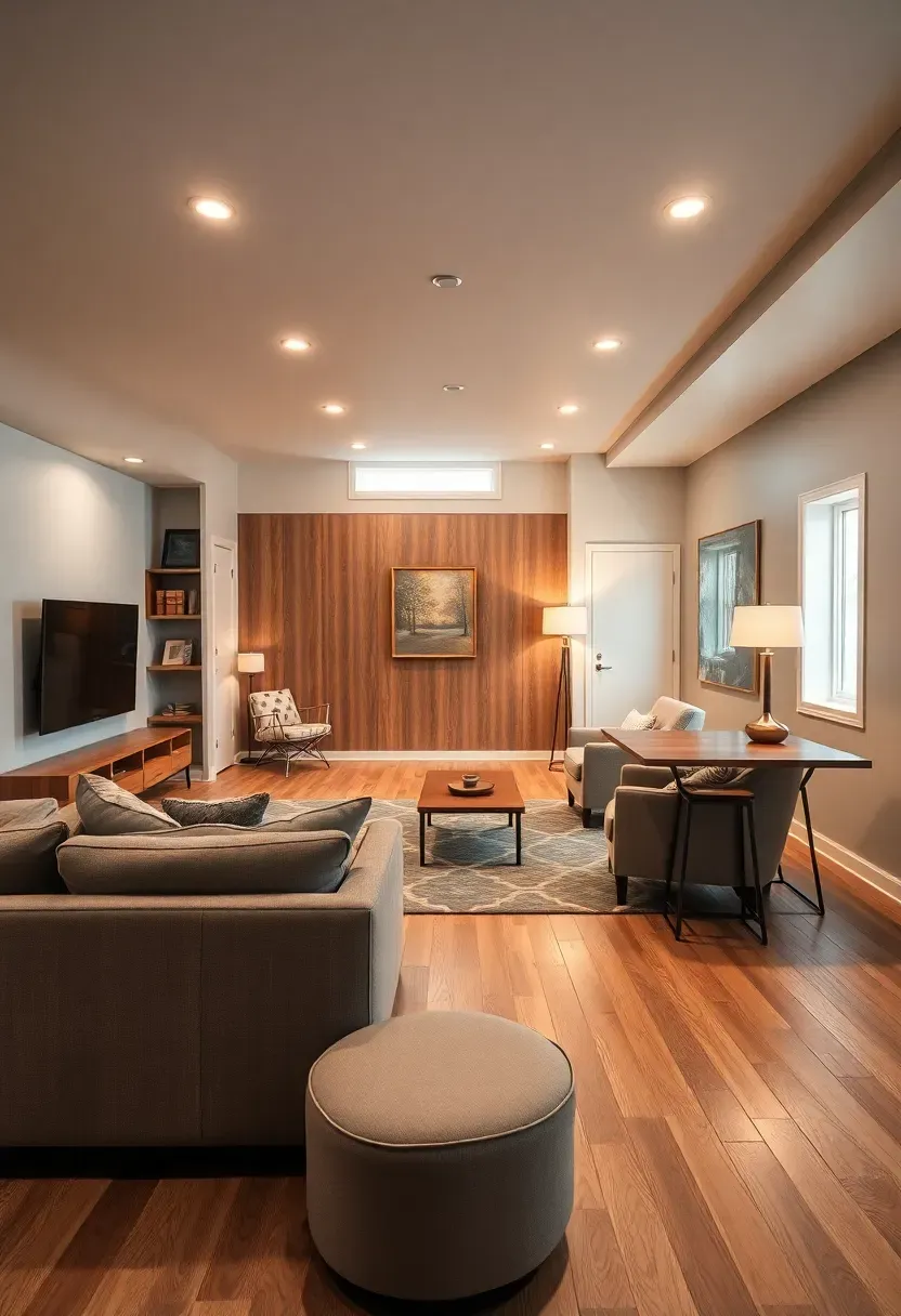 Large finished basement divided into a living area, bar zone, and study nook using partial walls, area rugs, and varied lighting