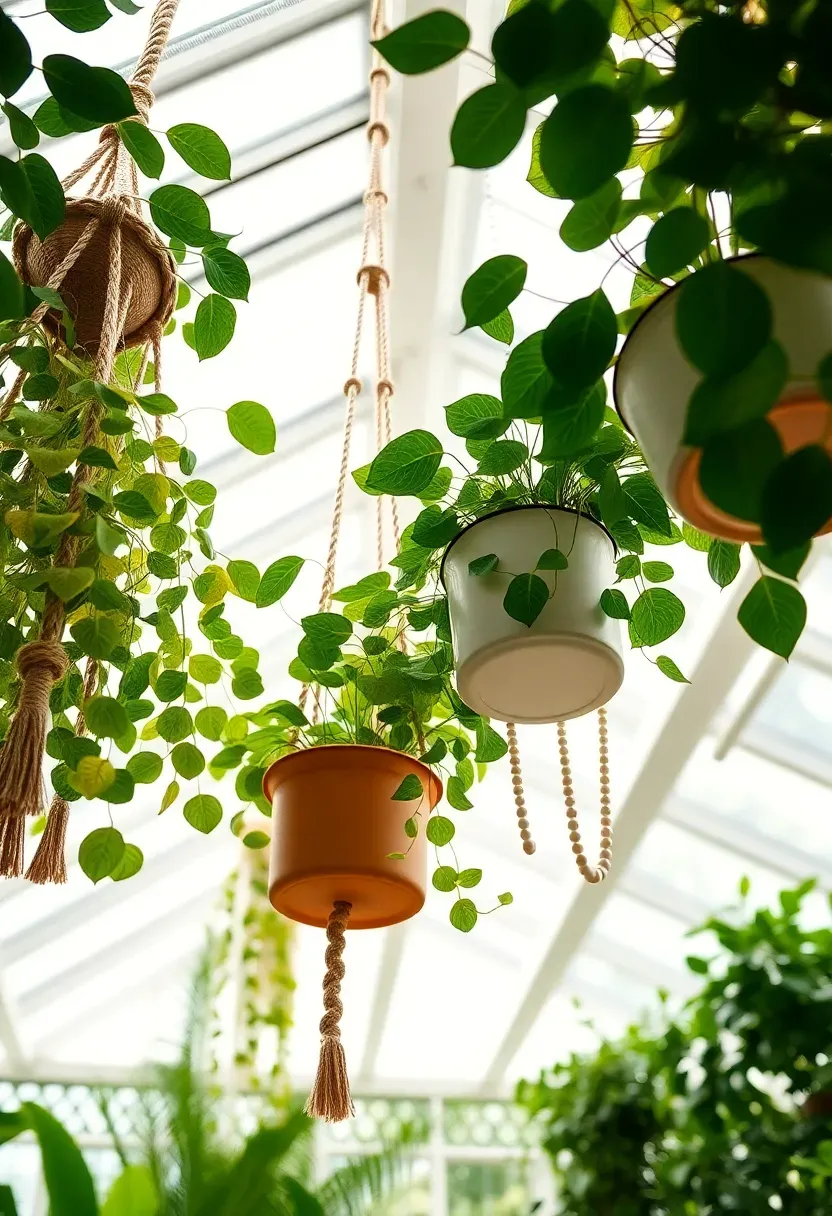 Sunroom ceiling covered with hanging planters at various heights filled with trailing pothos and ferns
