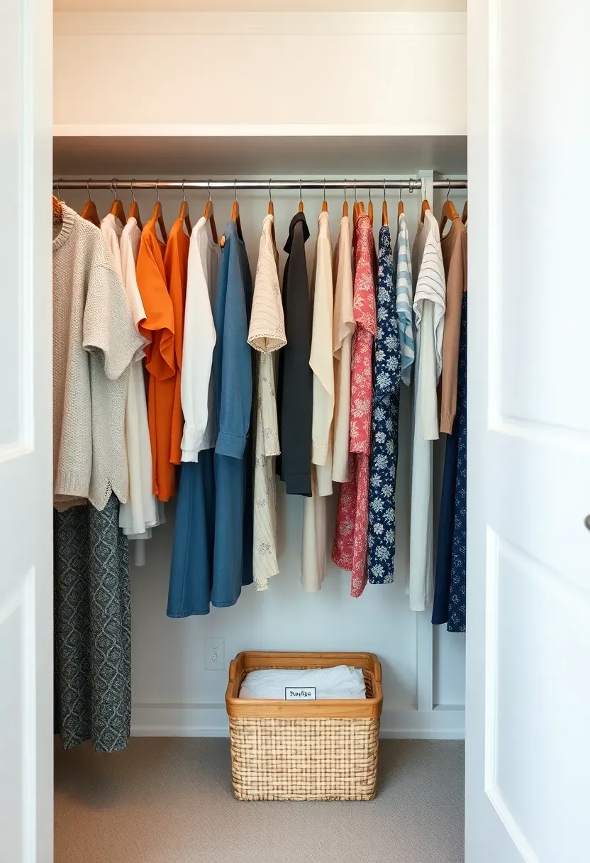 Hyper-realistic view of minimalist bedroom closet showing current season clothing only — lightweight spring/summer items visible, organized by type with abundant space between hangers, white painted interior, small labeled basket on floor. Materials: white painted closet, curated wardrobe selection. Light airy mood, seasonal editing, shallow depth of field, no text, no logos.</p>