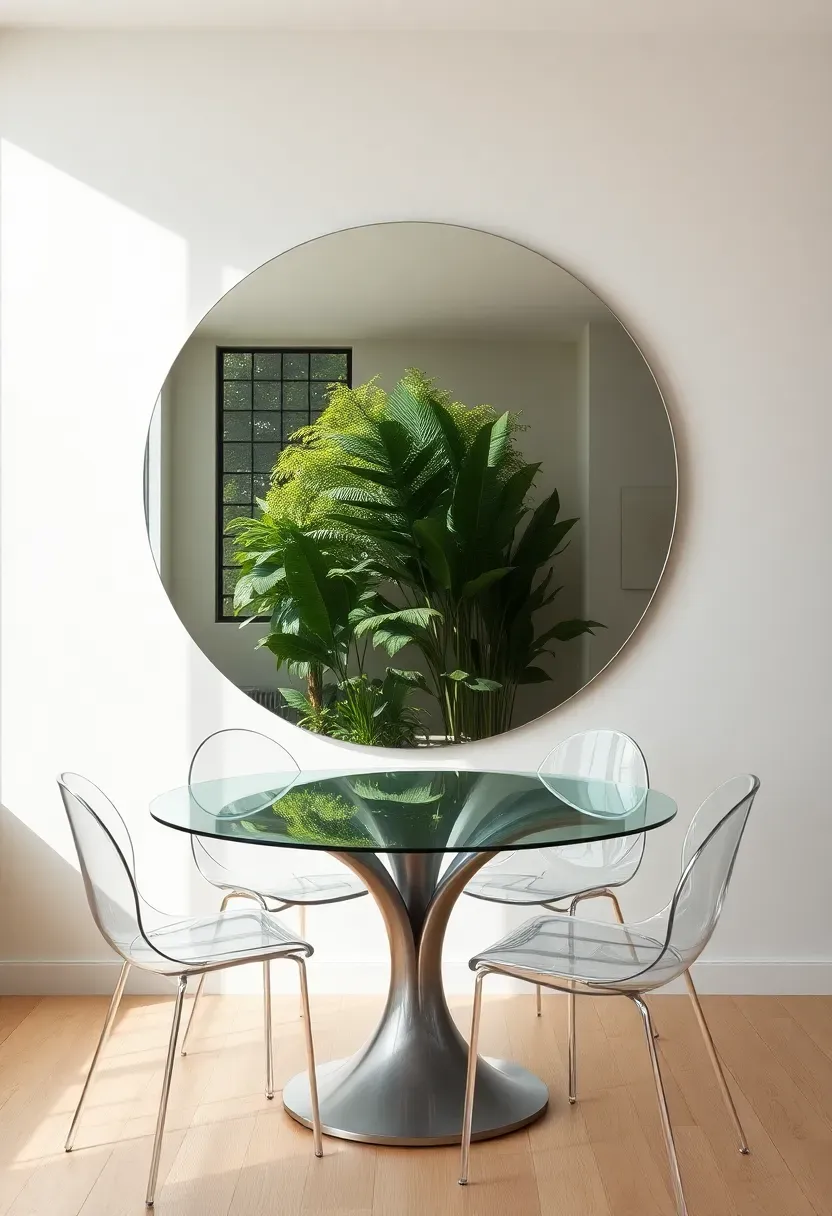 Hyper-realistic 3/4 view of minimalist dining area with large round mirror reflecting window and glass dining table. Materials: frameless circular mirror (4ft diameter) reflecting outdoor greenery, clear glass table top with sleek metal base, transparent ghost chairs, light wood floor, white walls. Natural light reflected through mirror creating brightness and depth illusion. Mirror shows reflection of window and plants. Visible room context showing compact space feeling expansive. Sharp focus on mirror and glass details. No text, no logos, no watermarks.</p>