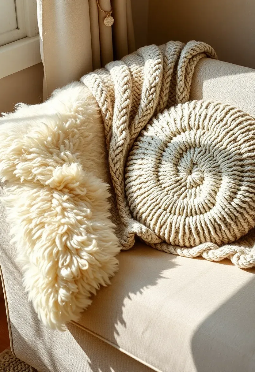 Close-up of a small sunroom loveseat draped with a creamy sheepskin rug and a chunky hand-knit throw blanket in soft gray, a knitted cushion, warm window light highlighting the fiber textures