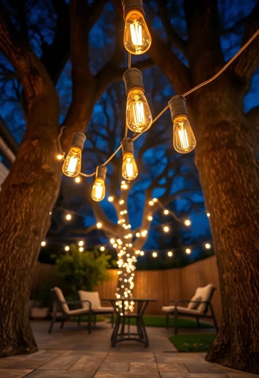 Warm cafe string lights draped between two large backyard trees over a patio seating area at night with soft amber glow