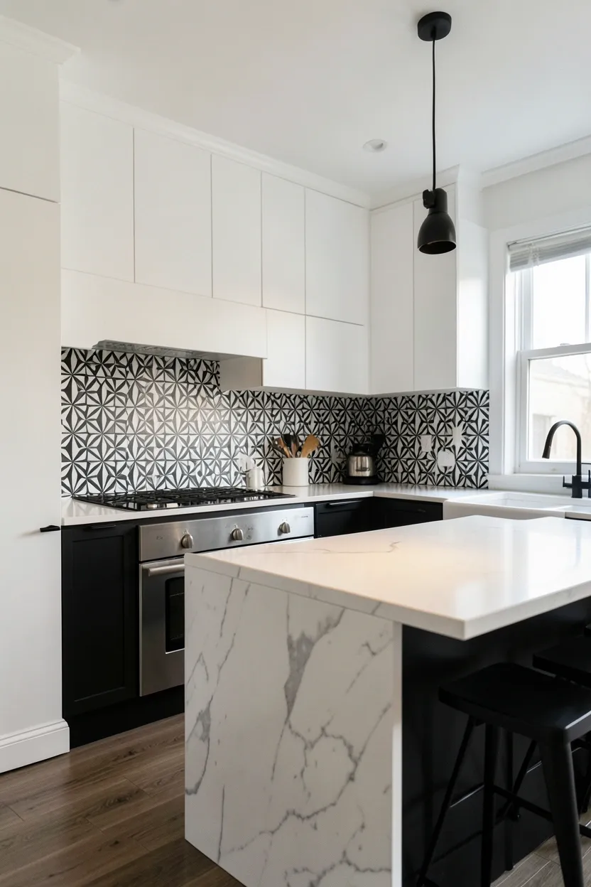 White subway tile kitchen backsplash with bold black grout lines creating a graphic pattern, installed in herringbone layout behind a gas range