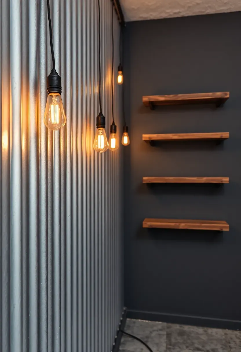 corrugated galvanized metal sheeting on a basement accent wall with warm Edison bulb string lights