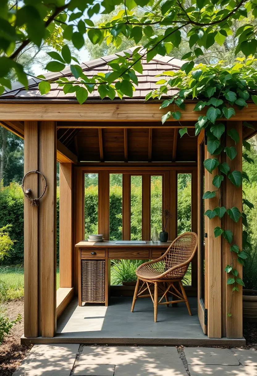 Outdoor garden office pavilion with teak desk, wicker chair, wooden frame with climbing vines and stone floor in dappled sunlight