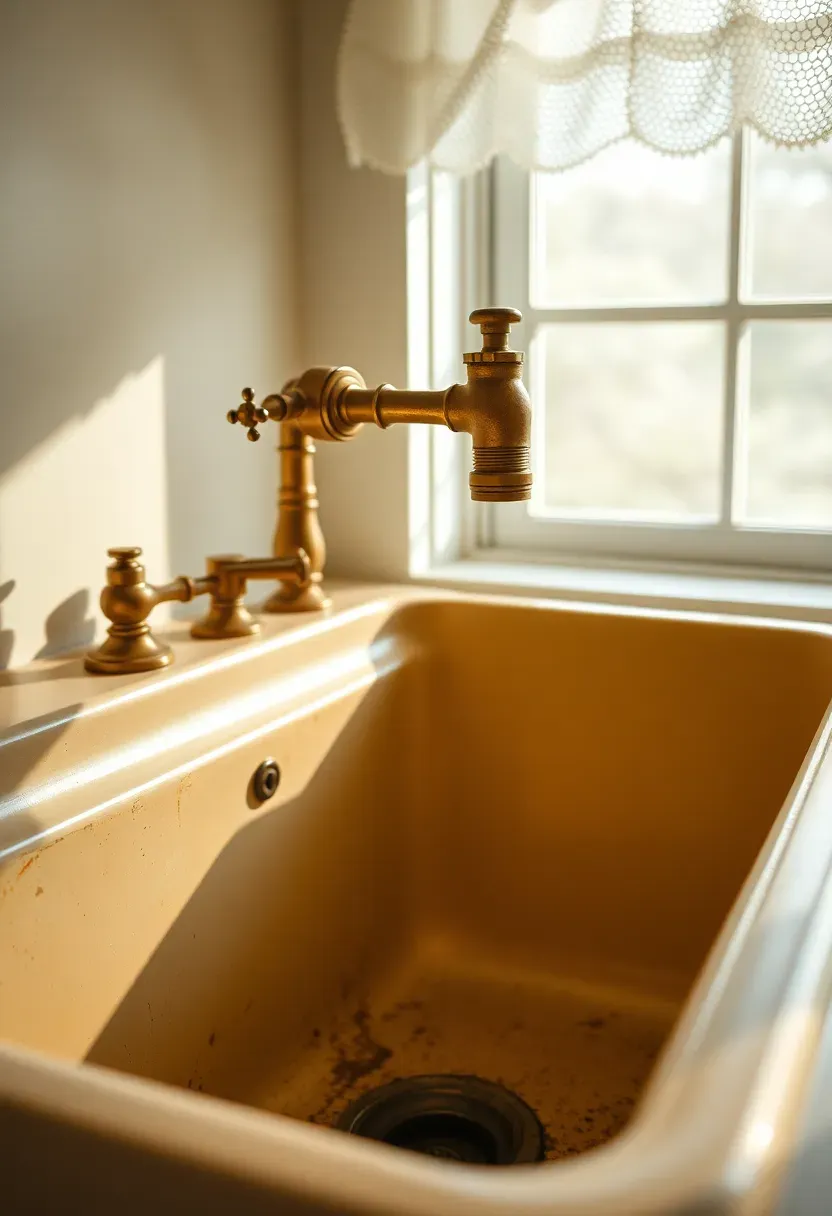 Cream fireclay apron-front farmhouse sink with vintage bridge faucet and exposed brass plumbing under a lace café curtain window in a shabby chic rental kitchen