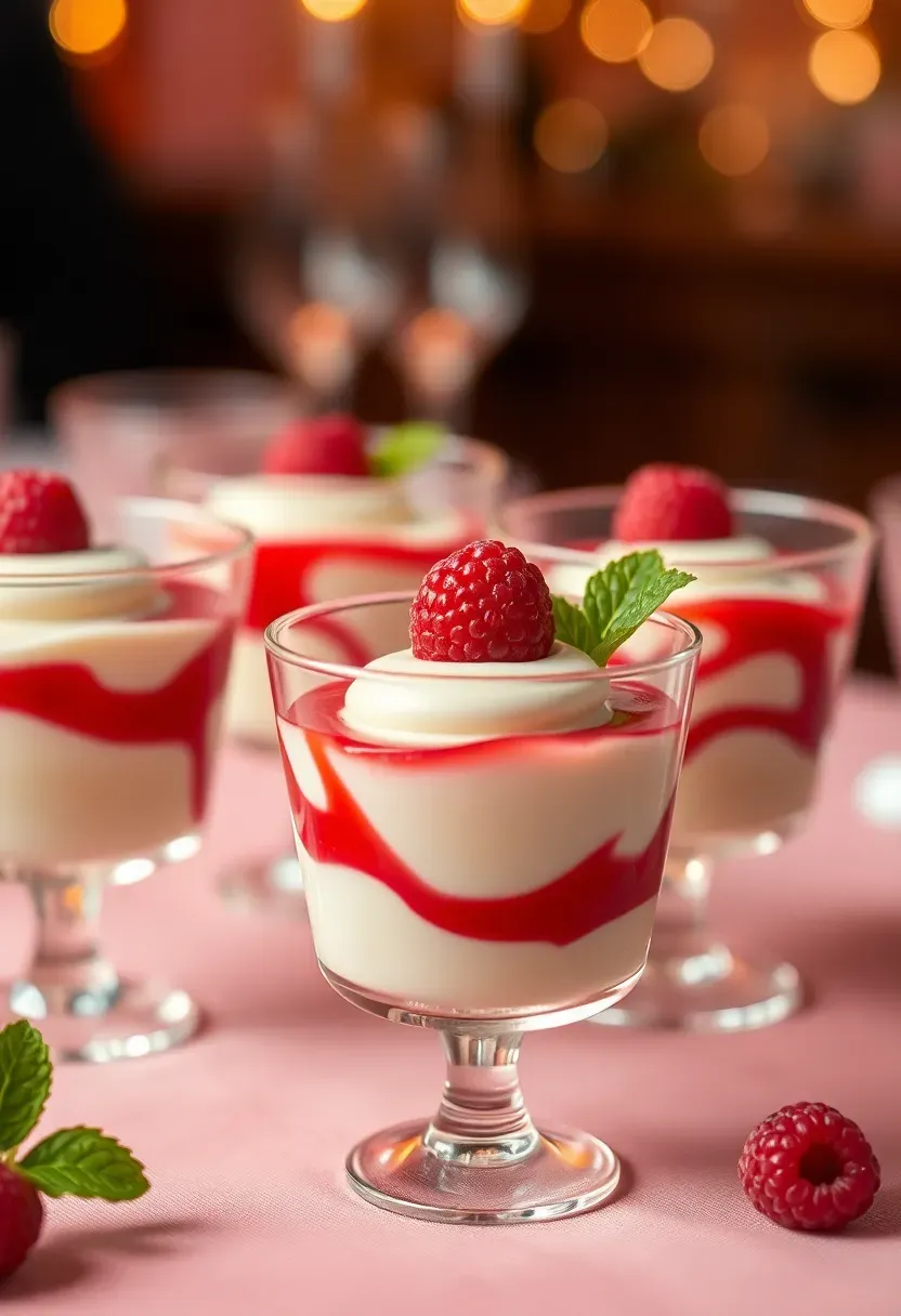 individual raspberry white chocolate mousse cups in clear glasses topped with fresh raspberries and mint on a dessert table