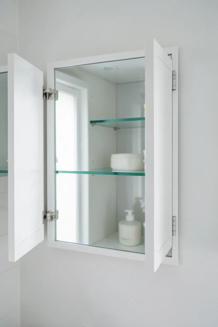 Surface-mount medicine cabinet with mirror above a small apartment bathroom vanity — affordable storage solution for renters