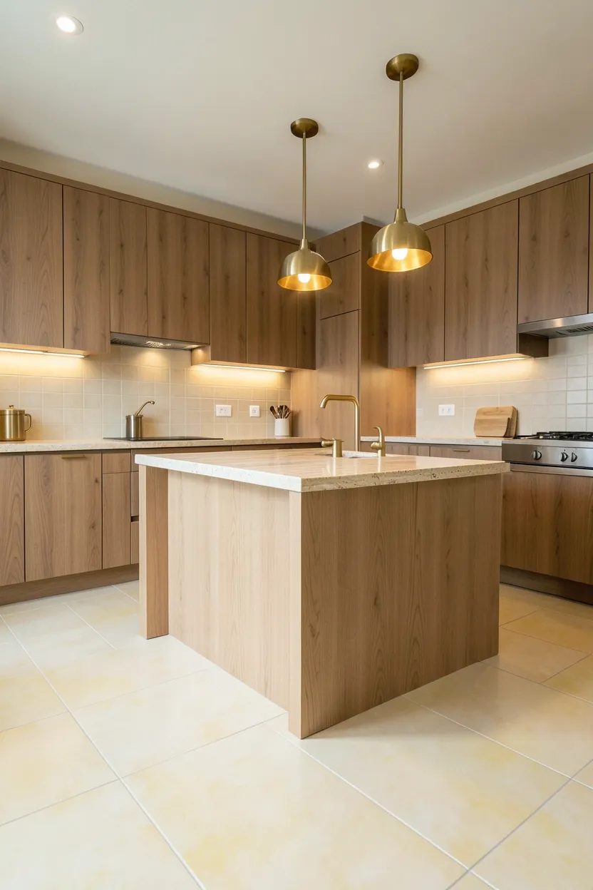 Hyper-realistic eye-level photograph of a modern fall kitchen with large format warm neutral tiles. Floor covered in 24x24 inch matte porcelain tiles in warm cream with subtle yellow undertones. Minimal visible grout lines create seamless appearance. Upper cabinets in warm walnut with natural grain visible. Large kitchen island in light oak with honed travertine countertop. Warm brass fixtures provide warm metallic accents. Warm ambient lighting from brass pendant lights creates soft glow. Neutral walls in pale cream above tile line. Clean organized surfaces. No text, no logos, no watermarks.</p>