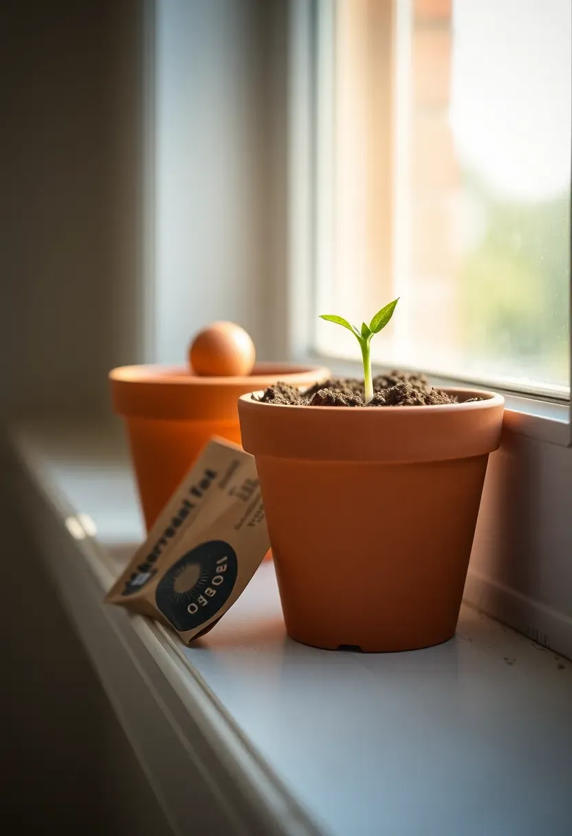 small terracotta pot with a mini herb garden kit including soil pellet and seed packet on a sunny windowsill