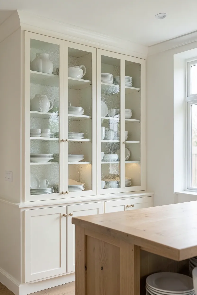 Seeded glass-front upper cabinets displaying white dishes and vintage glassware in a farmhouse kitchen