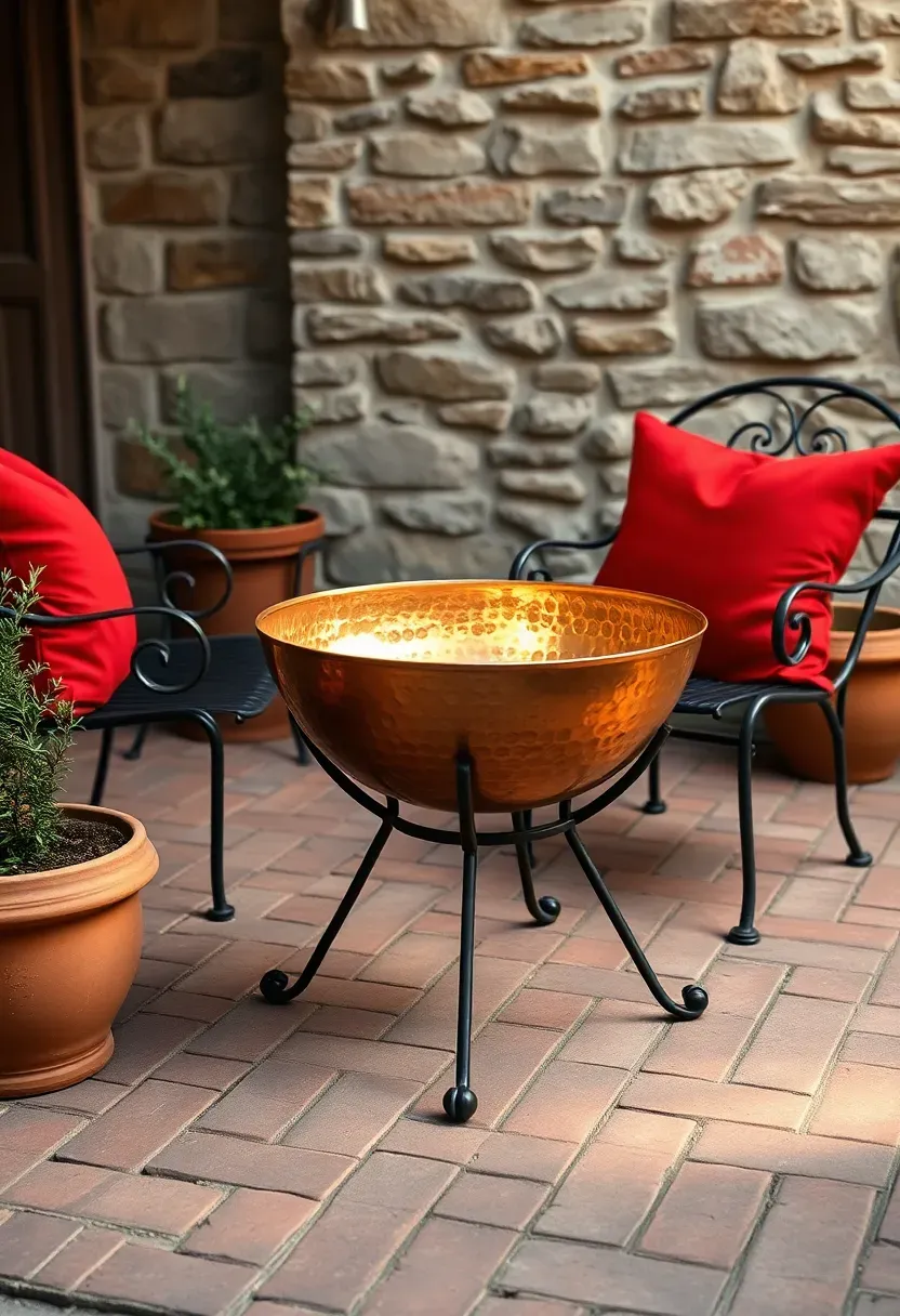 Small patio with hammered copper fire bowl on tripod, wrought iron bistro chairs, and herringbone brick underfoot