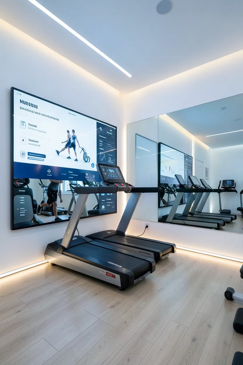 Smart home gym with a mirror display showing workout metrics, connected stationary bike, and automated warm lighting system