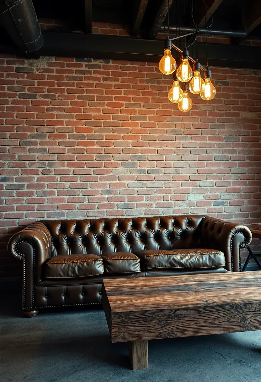 Industrial basement man cave with exposed brick walls, steel beam ceiling, leather chesterfield sofa, Edison bulb lighting, and a reclaimed wood coffee table
