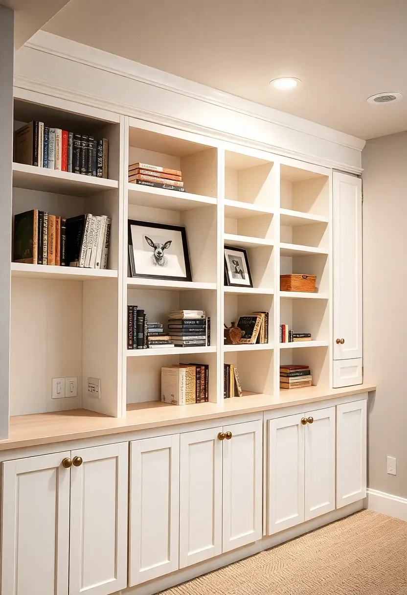 Floor to ceiling built-in shelving and cabinet storage system along a basement wall with a mix of open and closed sections