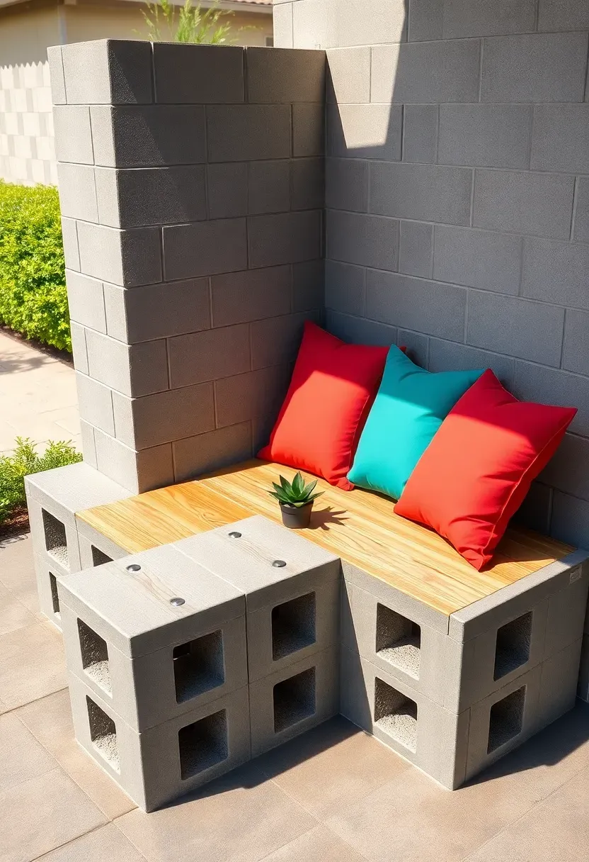 L-shaped outdoor bench made from stacked cinder blocks and wooden planks with colorful outdoor cushions