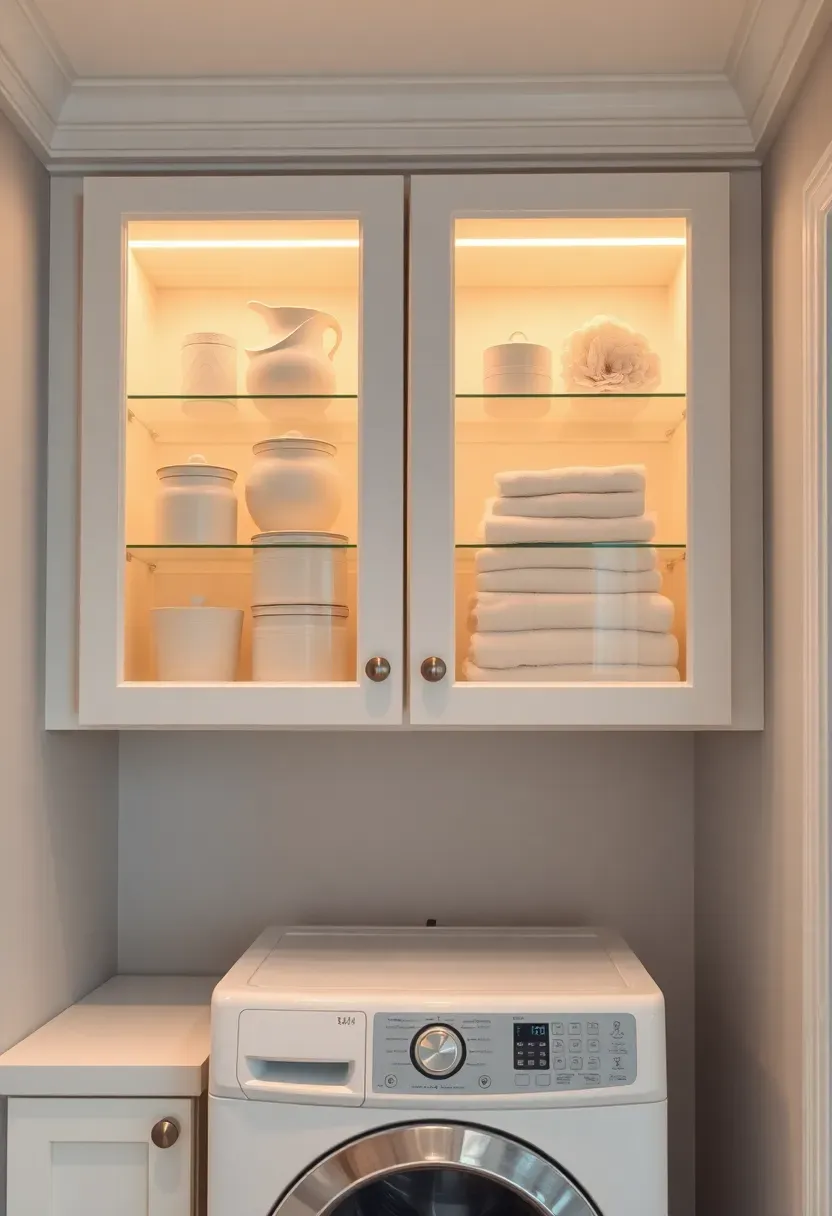 Glass-front upper cabinets with interior LED lighting displaying neatly organized laundry supplies above stacked machines
