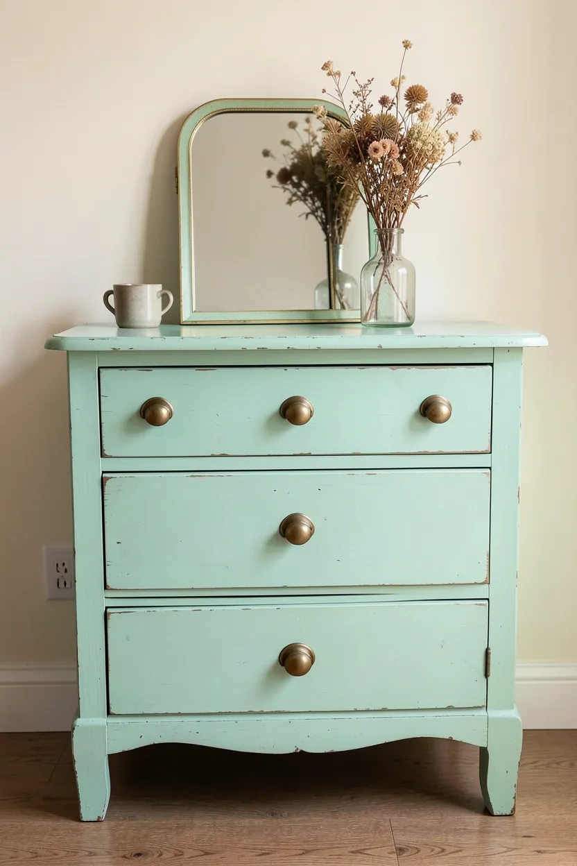 Upcycled thrift store dresser painted in a bright color with new hardware for teen bedroom decor
