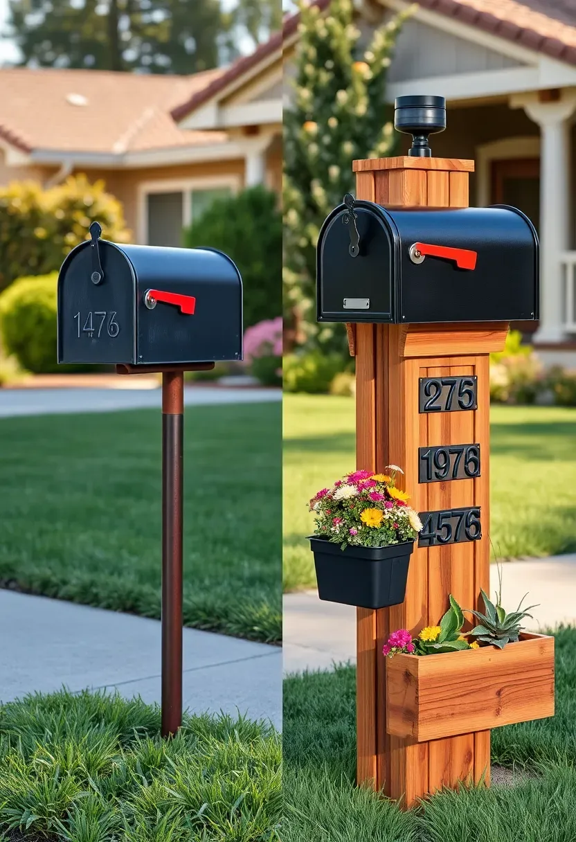 Before showing a standard black metal ranch mailbox on a thin post and after showing a custom cedar post mailbox station with an integrated planter box and house numbers