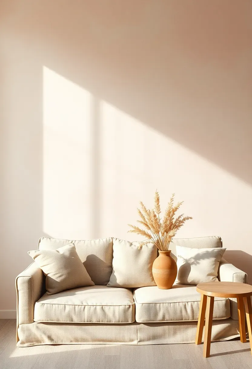 Living room feature wall finished in soft pink limewash paint showing subtle tonal variation, paired with a natural linen sofa and dried floral arrangement