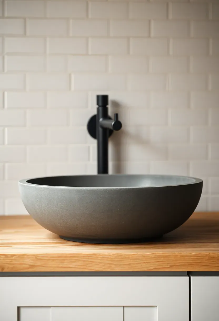 Hyper-realistic close-up of grey concrete vessel sink on white oak countertop, wall-mounted matte black faucet, white subway tile wall behind. Materials: matte grey concrete, white oak wood countertop, matte black faucet, white tile. Warm low diffused light, cool grey concrete balanced with warm oak. Contemporary minimalist mood, shallow depth of field with sharp concrete texture detail, balanced composition. Vertical 2:3 framing. No logos.</p>