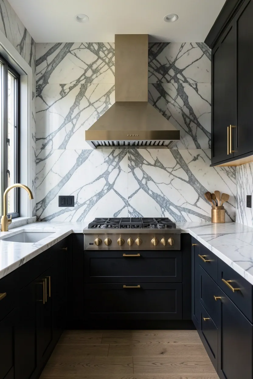 Full-height book-matched Carrara marble backsplash from countertop to ceiling behind a range in a bold luxury kitchen with brass fixtures