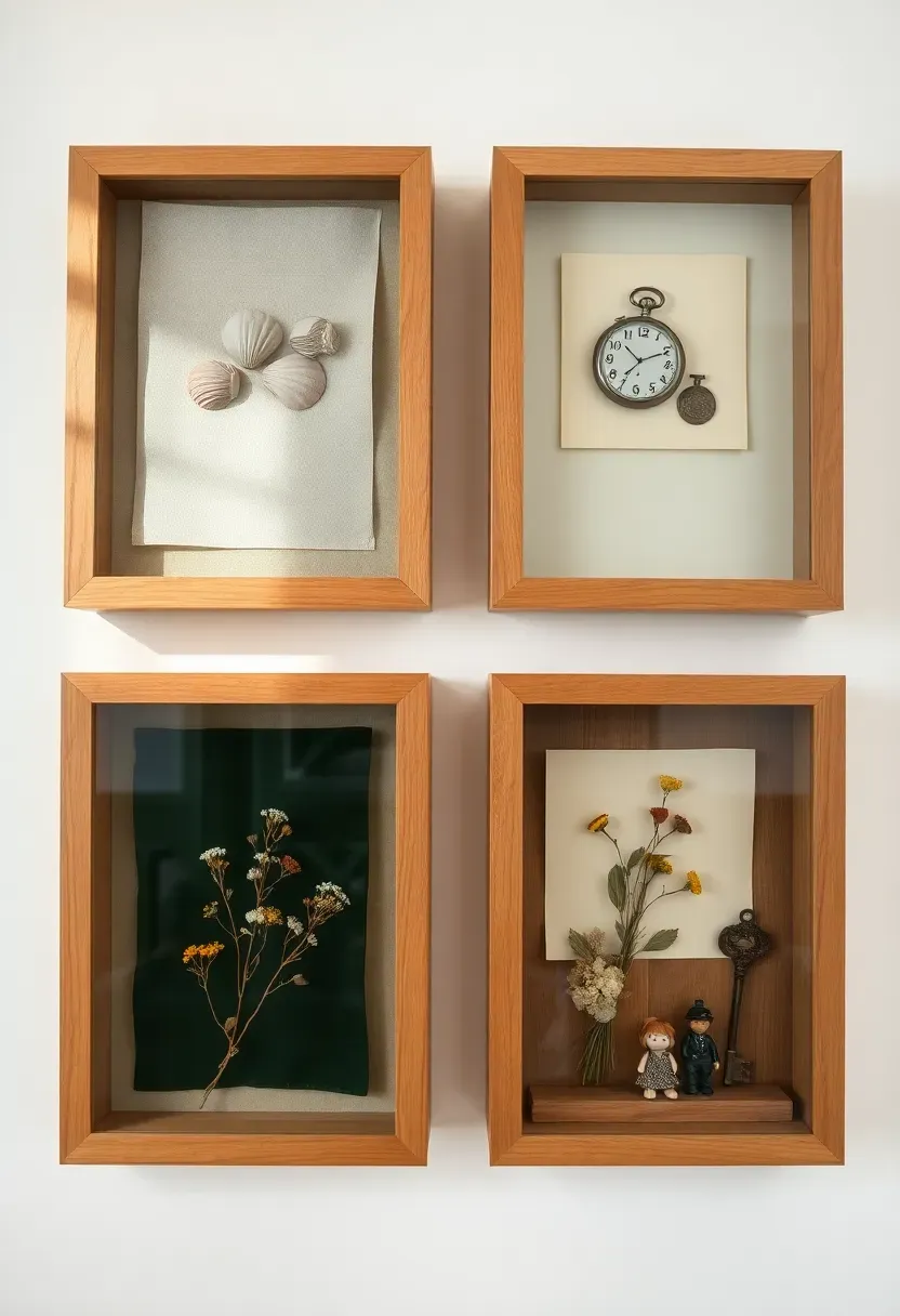 collection of shadow boxes mounted on a wall containing personal objects shells and miniatures