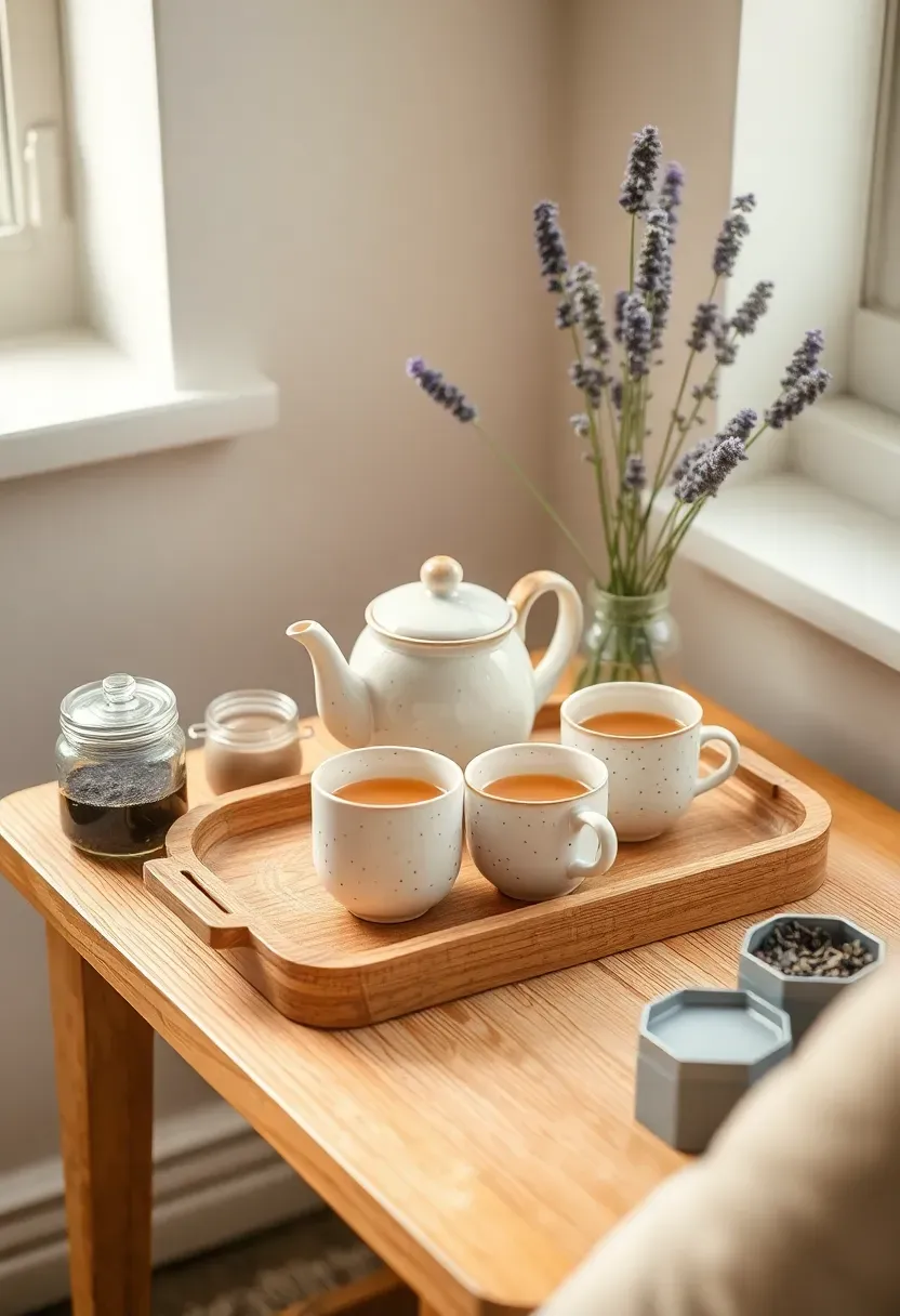 Cozy sunroom tea station with ceramic teapot and cups on a wooden tray atop a small console table with dried flowers and honey jar