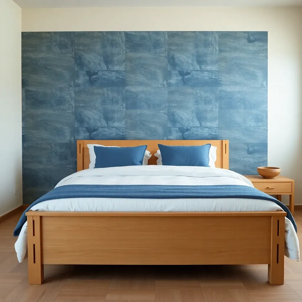 Blue Stone Accent Wall with Warm Wood Bed
