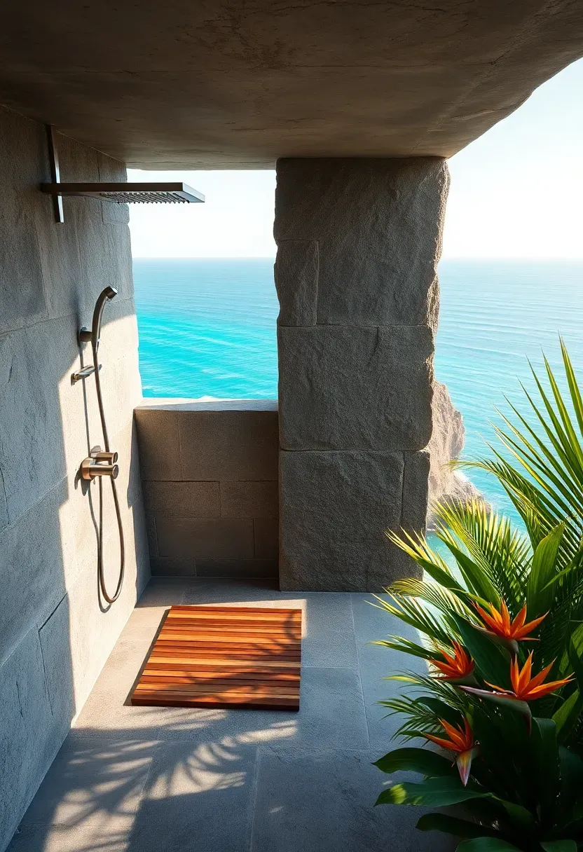 Dramatic open-air cliff edge shower with ocean views, natural stone, and tropical greenery