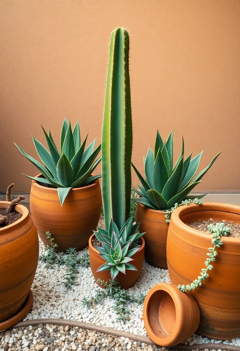 Small Arizona lot container garden with large terracotta pots of barrel cactus, aloe, and desert plants on a gravel patio