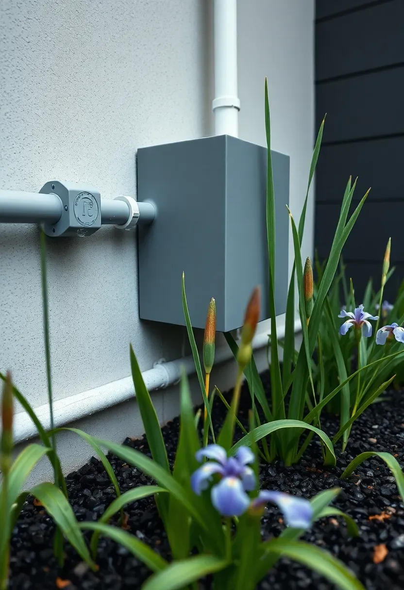 Greywater recycling landscape with diverter box on exterior wall, PVC pipe leading to a planted reed bed filter garden of cattails and iris