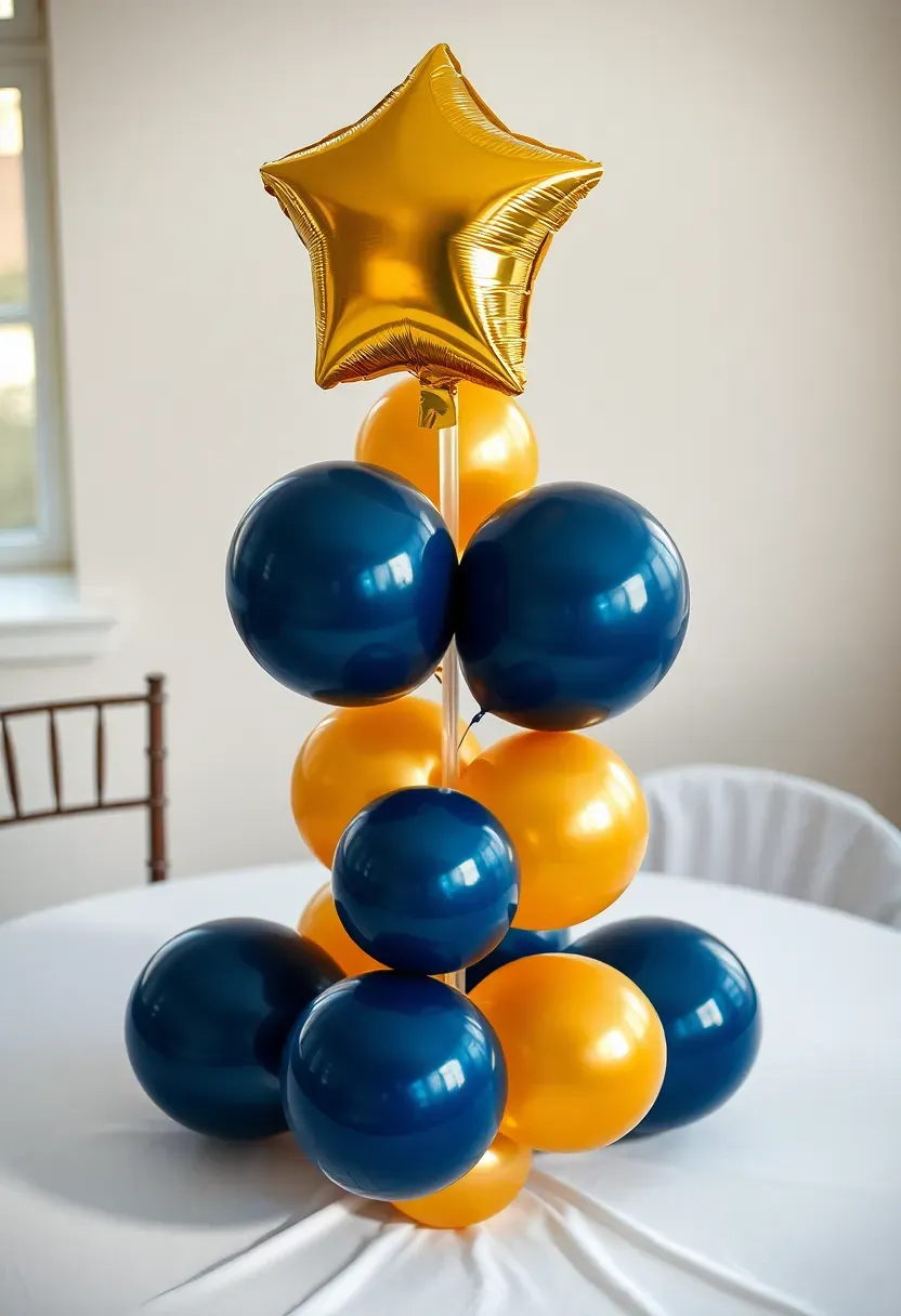 Tall balloon column centerpiece in graduation school colors with a gold star topper on a party table