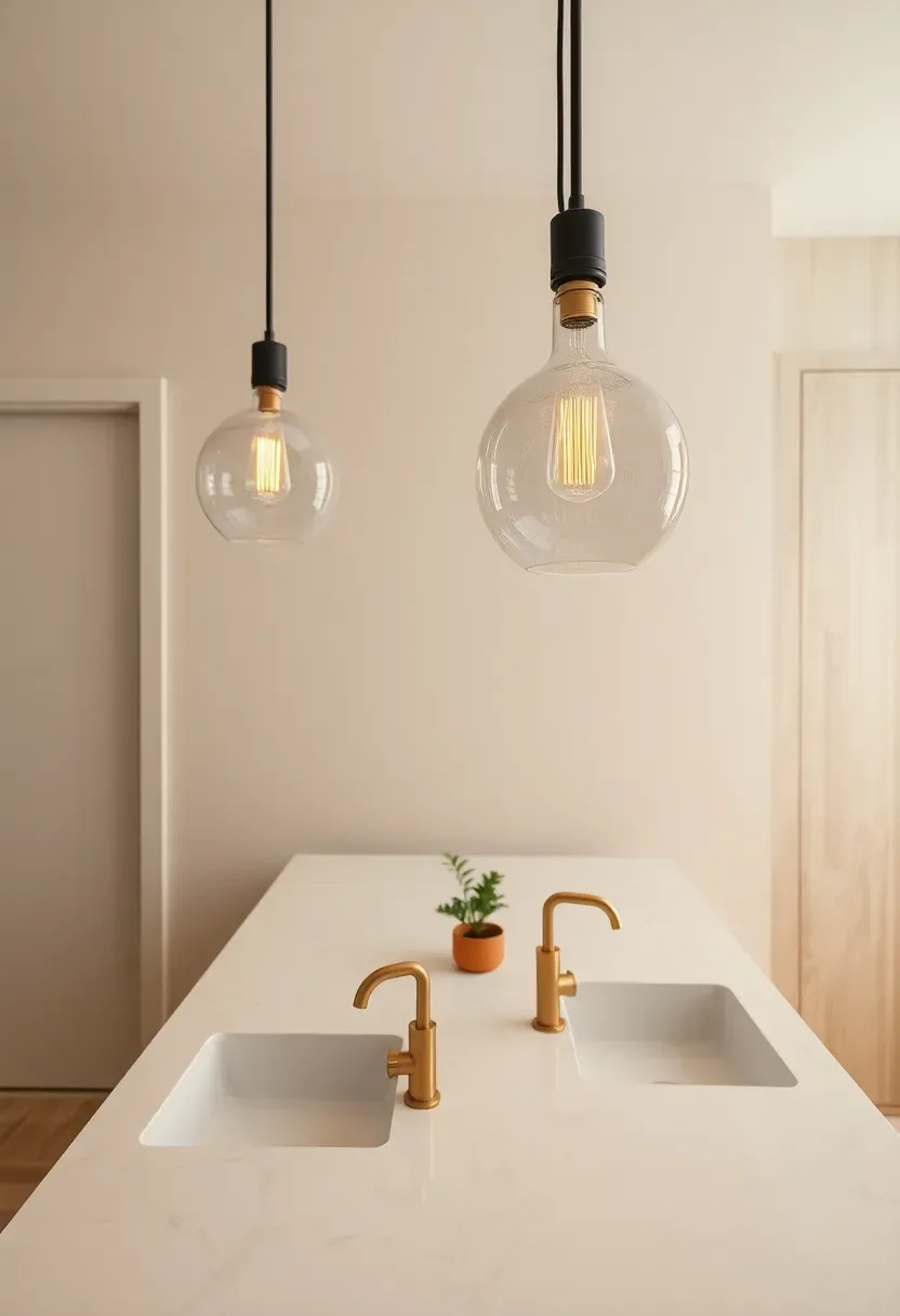 Two glass pendant lights hanging at different heights over a long double vanity with dual sinks in a contemporary bathroom