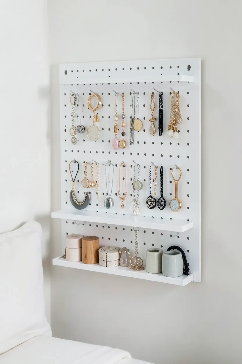 White pegboard wall organizer above a desk in a small bedroom with hooks for accessories, shelves, and small baskets