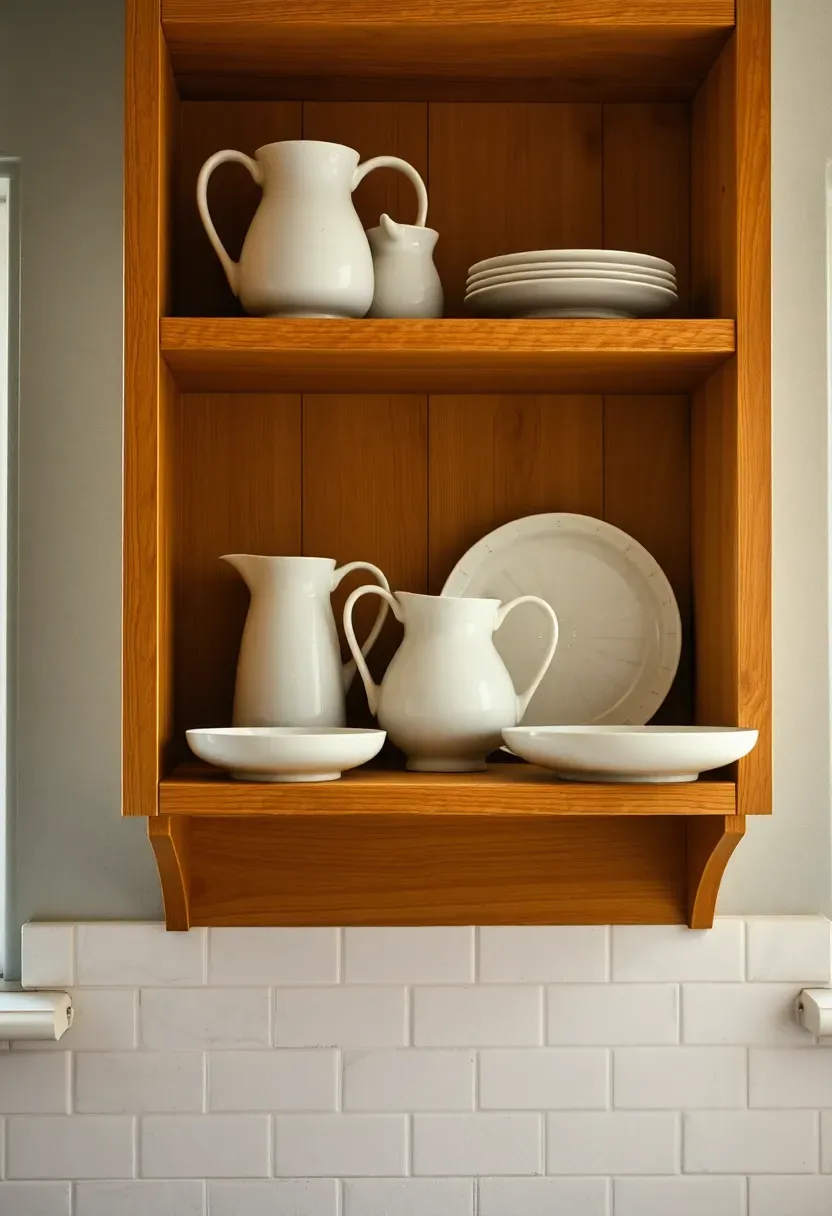 Vintage ironstone collection displayed on open wooden shelving in farmhouse kitchen