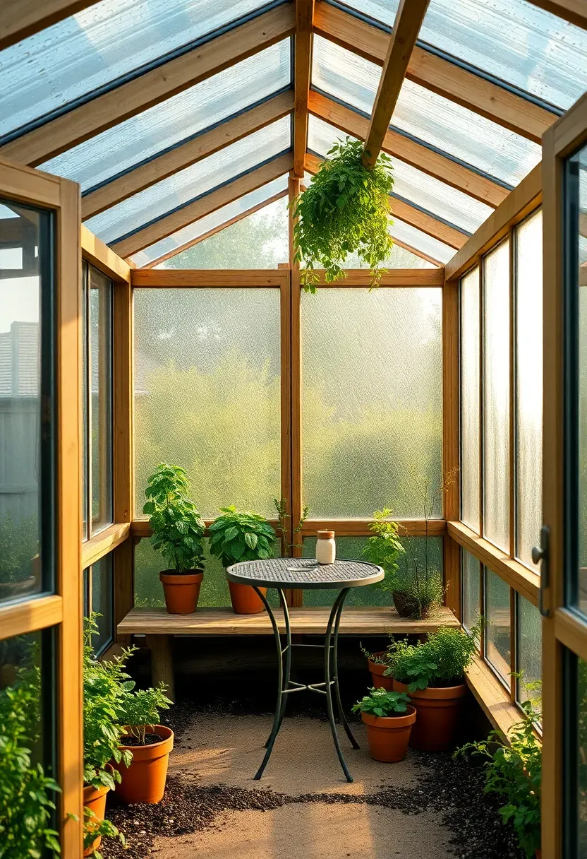 A greenhouse gazebo hybrid with a timber frame, clear polycarbonate roof and side panels, potted herbs and vegetables growing inside, a small cafe table and chair in the center