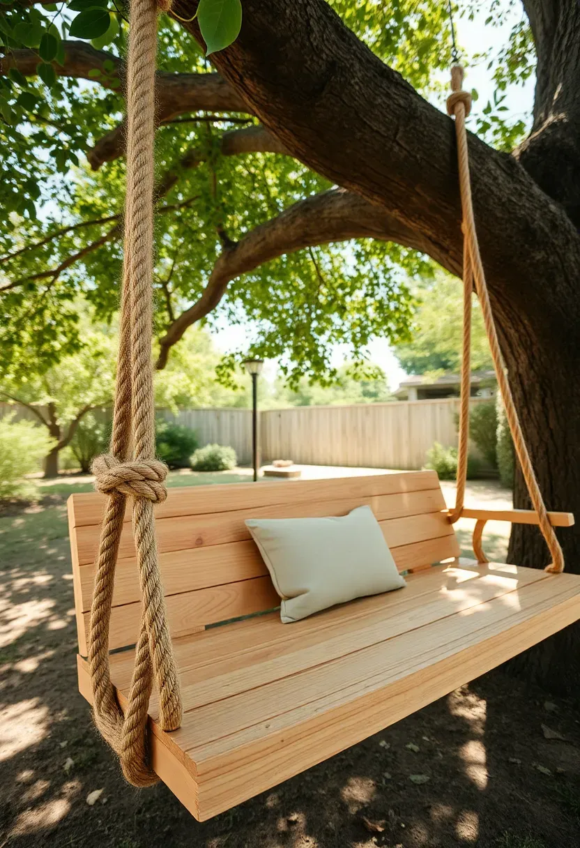 A wide rope swing bench hanging from a large tree branch with thick nautical rope, a cushion on the seat, in a peaceful backyard