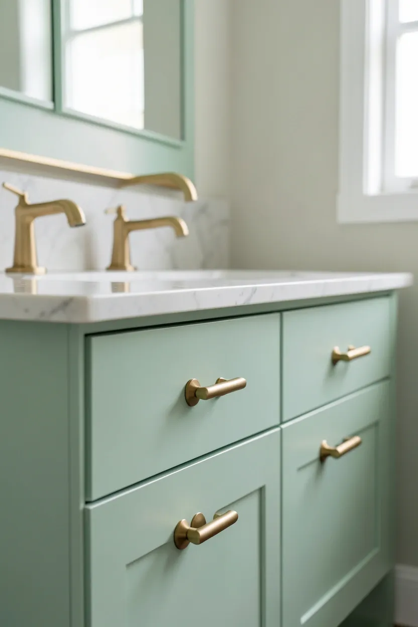 Pastel mint and blush bathroom with gold faucet and drawer handles in a Toca Boca mansion style