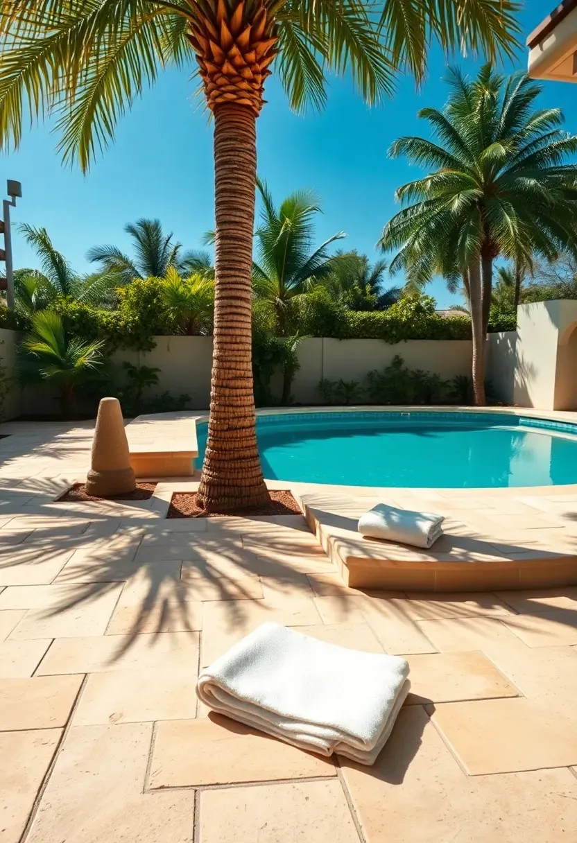 Tumbled travertine pavers surrounding a turquoise pool in a sunny backyard with palm trees