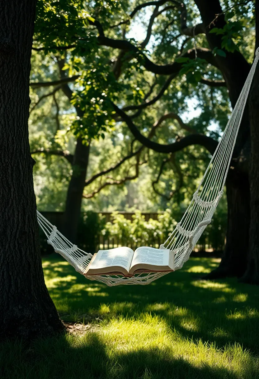A cotton rope hammock strung between two large oak trees in a shaded backyard with dappled sunlight on the grass