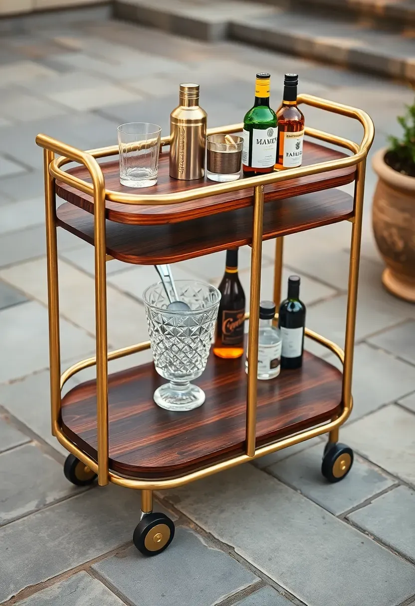 Stylish rolling outdoor bar cart with brass frame, wooden shelves, cocktail accessories, ice bucket, and wheels on a stone patio