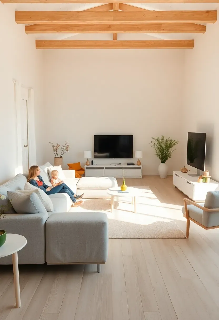 Hyper-realistic wide view of minimalist family living room with neutral palette: cream walls, light gray sofa, white oak floors, white furniture. Materials: linen upholstery, light oak, matte white paint. Soft natural light through sheer curtains, serene cohesive mood. Few colorful children's items that don't disrupt harmony. Balanced composition. No text, no logos, no watermarks.</p>