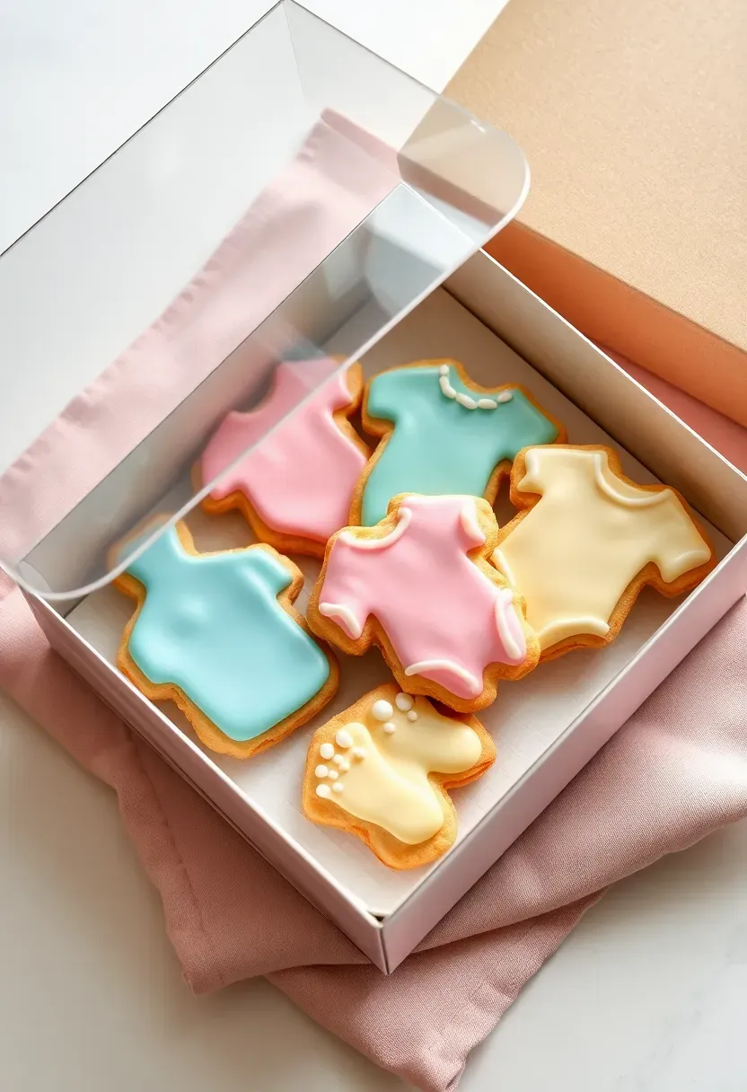 decorated sugar cookies in a clear gift box with baby themed shapes and pastel royal icing