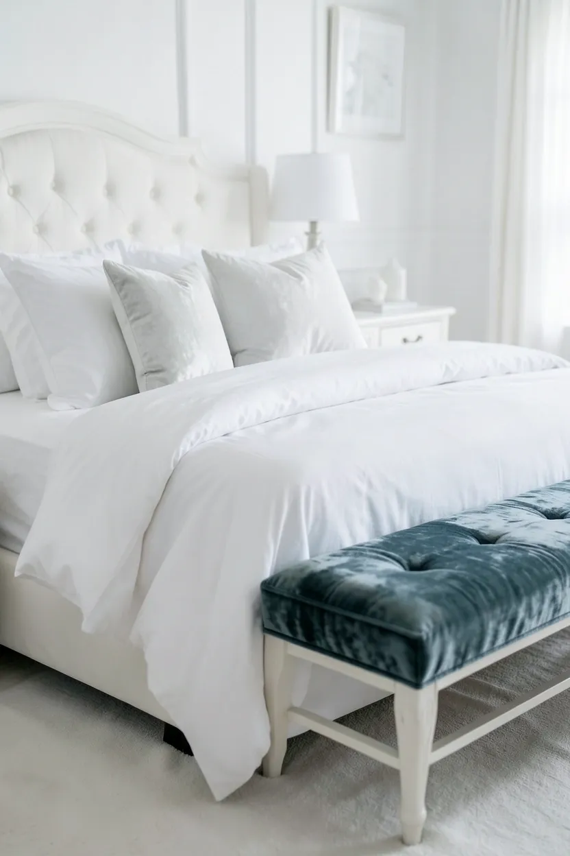 White bedroom with ivory velvet pillow shams, velvet bench cushion at foot of bed, and soft sheen against matte white walls