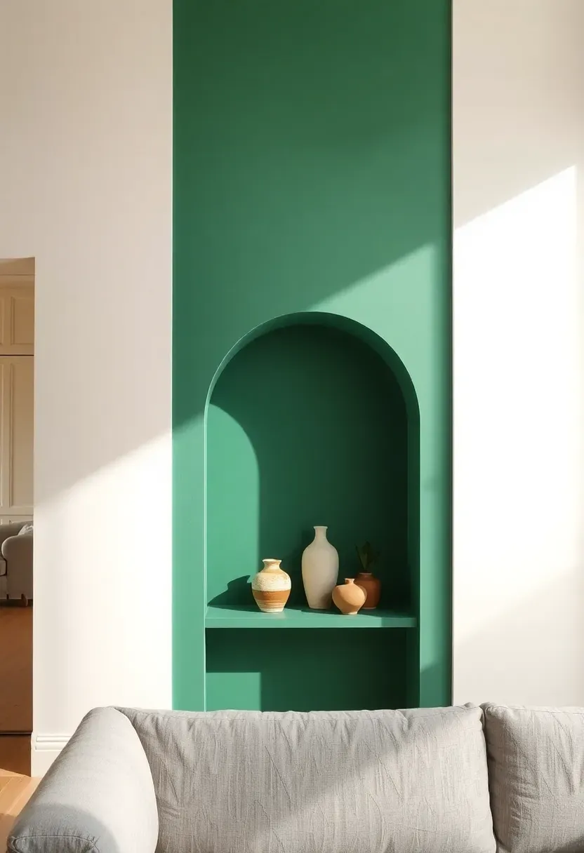 Hyper-realistic view of living room featuring large arched wall niche painted in deep emerald green, containing ceramic vase collection and small plant, cream walls with gray sofa visible in foreground. Materials: deep emerald green painted arch with clean curved edges, cream surrounding wall paint, ceramic objects with varied glazes, light oak flooring, linen sofa. Natural light from window illuminating the arch creating subtle shadows emphasizing its depth, visible room context showing arch as focal wall feature. Sharp focus on architectural detail, no text or logos.</p>